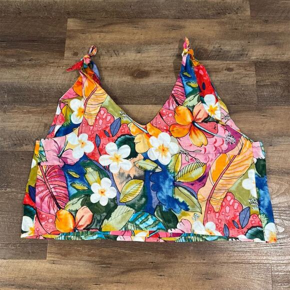 Handmade Tops - Handmade Floral V-Neck Crop Top Sleeveless Shoulder Ties 3X? Tropical Beach